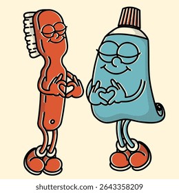 Groovy 70s-80s dental mascot duo - toothbrush and toothpaste in vibrant retro style. Perfect for clinics and oral care branding