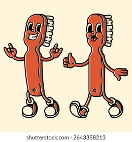 Groovy 70s-80s toothbrush mascot in vibrant colors. Handdrawn retro design for dental clinics and eco oral care brands