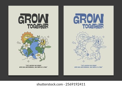 groovy 70s-inspired poster featuring positive quotes and retro cartoon characters, vector illustration 