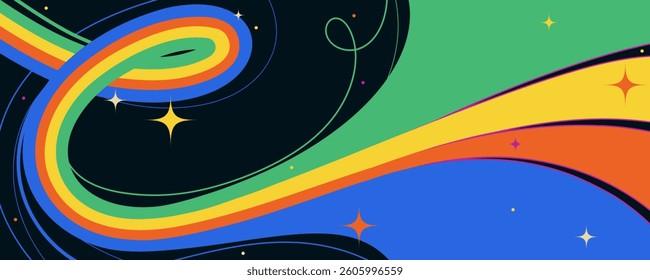 Groovy 90s Horizontal Banner with Abstract Hand Drawn Lines and Simple Stars. Cartoon minimal design with hippie vibes. Perfect for web, print, posters, decor
