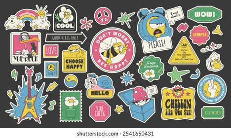 Groovy 90s stickers, collection of cute retro cartoon character stickers, vector illustration