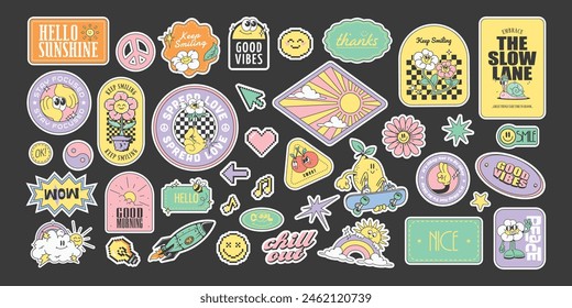 groovy 90s stickers, collection of stickers in retro style, vector illustration