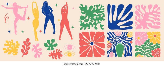 Groovy abstract art poster set. Matisse random organic shapes and female silhouettes in trendy retro 60s 70s style.