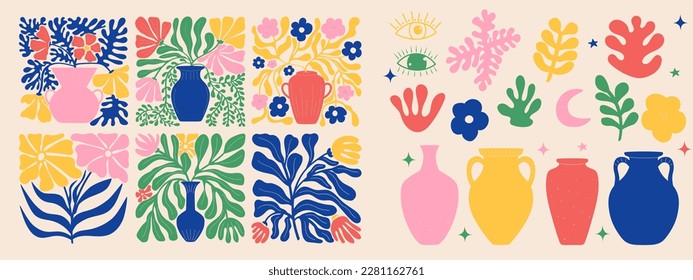 Groovy abstract art poster set. Matisse random organic shapes and female silhouettes in trendy retro 60s 70s style.