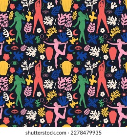 Groovy abstract art seamless pattern. Matisse random organic shapes and female silhouettes in trendy retro 60s 70s style.