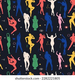 Groovy abstract art seamless pattern. Matisse random organic shapes and female silhouettes in trendy retro 60s 70s style.