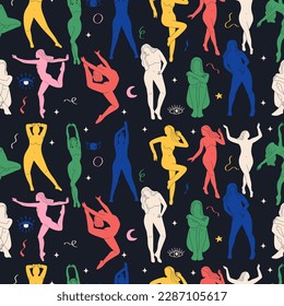 Groovy abstract art seamless pattern. Matisse random organic shapes and female silhouettes in trendy retro 60s 70s style.
