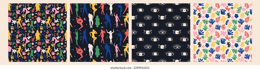Groovy abstract art seamless pattern. Matisse random organic shapes and female silhouettes in trendy retro 60s 70s style.