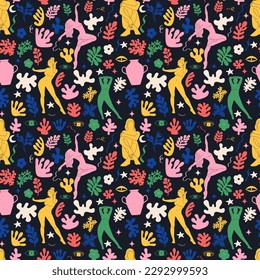Groovy abstrakte Kunst nahtloses Muster. Zufriedene zufällige organische Formen und weibliche Silhouetten im trendigen Retro-Stil der 60er Jahre.