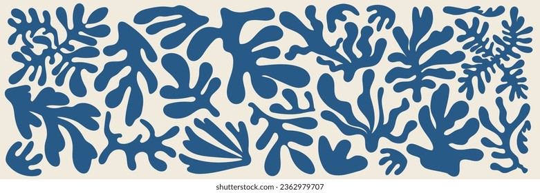 Groovy abstract art set. Abstract natural hand drawn pattern design with blue leaves. Vector illustration
