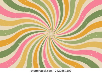 Groovy abstract background with colorful sunburst. Retro vector design in 1960-1970s style. Vintage swirl backdrop. Summer hippie carnival illustration.