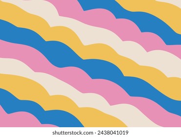 Groovy abstract background with colorful wavy stripes. Trendy psychedelic retro style backdrop. Twisted distorted vector texture