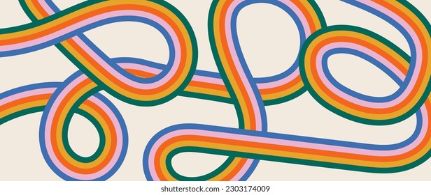 Groovy abstract background with curve colorful lines. 60-70s style retro pattern with rainbow colors stripes. Trendy psychedelic wave cartoon backdrop. Vintage hippie stripe print vector illustration