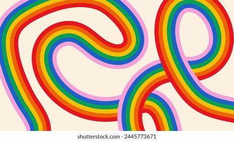 Groovy abstract background with curve rainbow colored stripes. Retro vector backdrop in 60-70s hippie style. Vintage hand drawn stripe print illustration. Trendy template for design banner