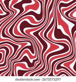 Um fundo groovy, abstrato com ondas fluidas e distorcidas de vermelho, marrom e branco, criando um padrão líquido como psicodélico.