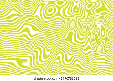 Groovy abstract background. Flowing liquid lines. Marble texture. Wavy psychedelic print. Trippy pattern. Surreal wallpaper with curvy mustard and white stripes. Vector illustration.