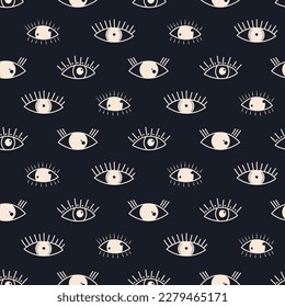 Groovy abstract eyes seamless pattern. Magic elements in trendy retro 60s 70s style
