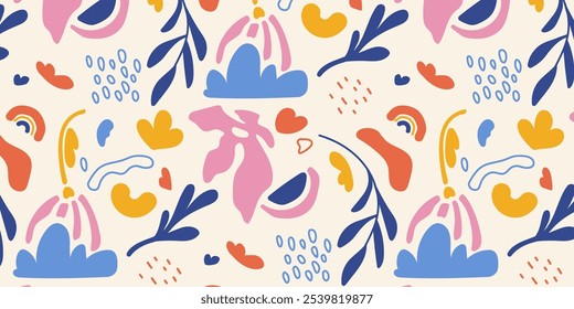 Groovy abstract floral pattern. Organic doodle shapes in trendy naive hippie 60s 70s style. Organic doodle shapes isolated on a white background. Trendy retro naive art set. Blue and yellow colors. 