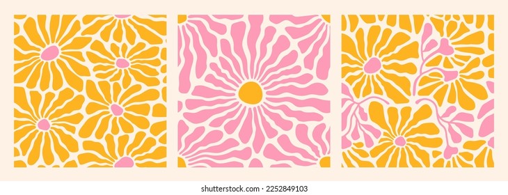 Groovy abstract flower art seamless patterns. Organic floral doodle shapes in trendy naive retro hippie 60s 70s style. Matisse curves aestethic. Botanic vector background in pink, yellow colors.