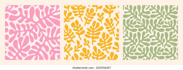 Groovy abstract flower art seamless patterns. Organic floral doodle shapes in trendy naive retro hippie 60s 70s style. Matisse curves aestethic. Botanic vector background in pink, yellow colors.