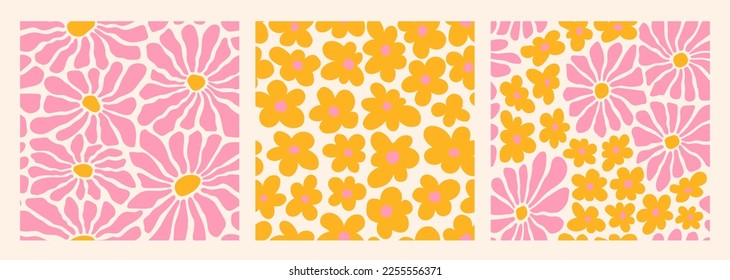 Groovy abstract flower art seamless patterns. Organic floral doodle shapes in trendy naive retro hippie 60s 70s style. Matisse curves aestethic. Botanic vector background in pink, yellow colors.