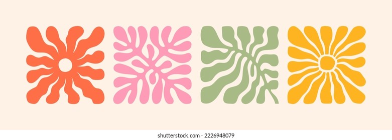 Groovy abstract flower art set. Organic doodle shapes in trendy naive retro hippie 60s 70s style. Contemporary poster and background. Floral botanic vector illustration in pink, yellow, orange colors.