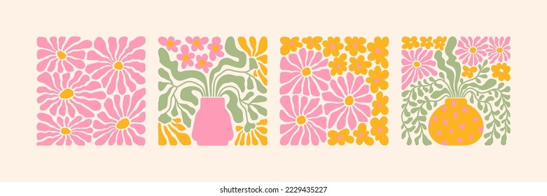 Groovy abstract flower art set. Organic doodle shapes in trendy naive retro hippie 60s 70s style. Contemporary poster and background. Floral botanic vector illustration in pink, yellow, orange colors.