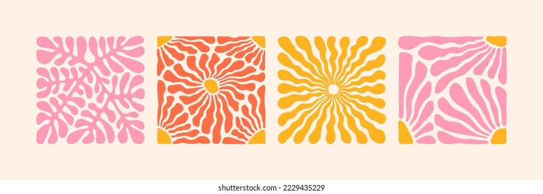 Groovy abstract flower art set. Organic doodle shapes in trendy naive retro hippie 60s 70s style. Contemporary poster and background. Floral botanic vector illustration in pink, yellow, orange colors.