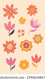 Groovy abstract flower art set. Organic doodle shapes in trendy naive retro hippie 60s 70s style. Contemporary poster and background. Floral botanic vector illustration in pink, yellow, orange colors.