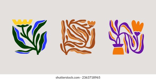 Groovy abstract flower art set. Organic floral doodle shapes in trendy naive retro hippie 60s 70s style. Botanic vector illustration