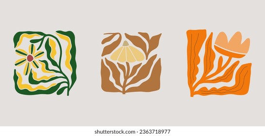 Groovy abstract flower art set. Organic floral doodle shapes in trendy naive retro hippie 60s 70s style. Botanic vector illustration