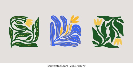 Groovy abstract flower art set. Organic floral doodle shapes in trendy naive retro hippie 60s 70s style. Botanic vector illustration