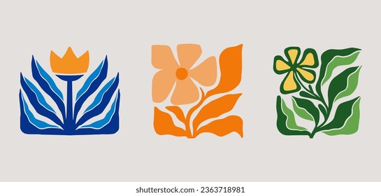 Groovy abstract flower art set. Organic floral doodle shapes in trendy naive retro hippie 60s 70s style. Botanic vector illustration