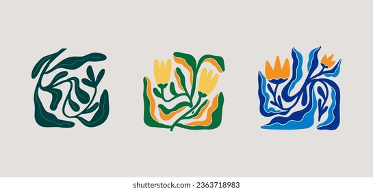 Groovy abstract flower art set. Organic floral doodle shapes in trendy naive retro hippie 60s 70s style. Botanic vector illustration