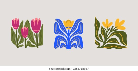 Groovy abstract flower art set. Organic floral doodle shapes in trendy naive retro hippie 60s 70s style. Botanic vector illustration