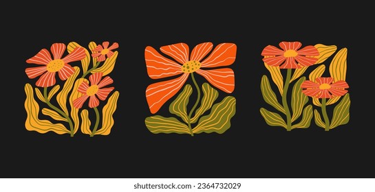 Groovy abstract flower art set. Organic floral doodle shapes in trendy naive retro hippie 60s 70s style. Botanic vector illustration