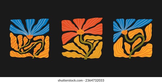 Groovy abstract flower art set. Organic floral doodle shapes in trendy naive retro hippie 60s 70s style. Botanic vector illustration