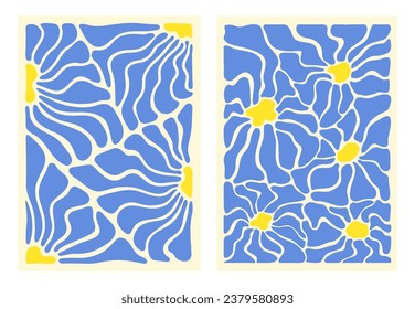 Groovy abstract flower art set. Organic floral doodle shapes in trendy naive retro hippie 60s 70s style. Botanic vector illustration in blue and yellow color. Сurves aestethic.