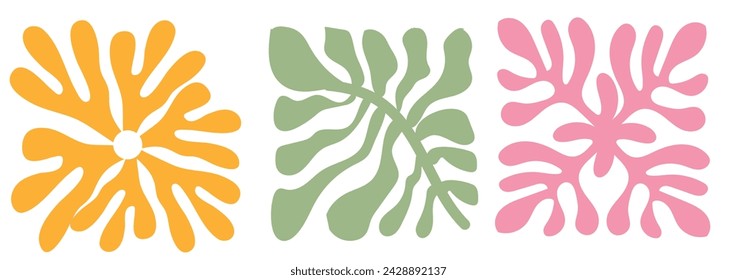 Groovy abstract flower art set. Organic doodle shapes in trendy naive retro hippie 60s 70s style. Contemporary poster and background. Matisse floral posters in trendy retro 60s 70s style.