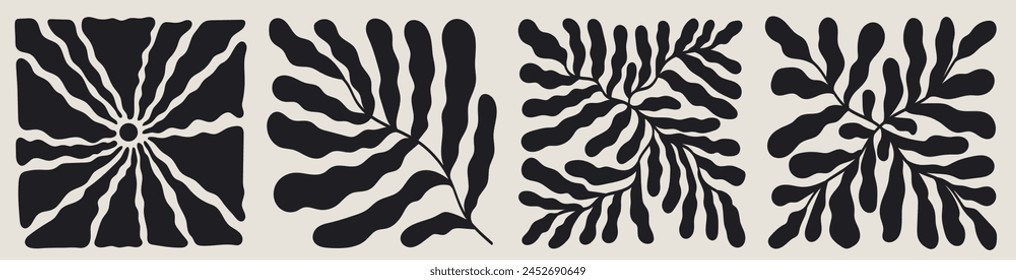 Groovy abstract flower art set. Organic square shapes in trendy wavy naive retro style. Floral botanic frames background. Vector illustration for poster, placard, social media contemporary decoration
