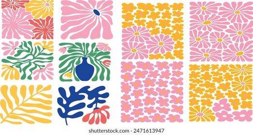 Groovy abstract flower art set. Organic doodle shapes in trendy naive retro hippie 60s 70s style.