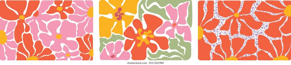 Groovy abstract flower art set. Organic doodle shapes in trendy naive retro hippie 60s 70s style. Contemporary poster and background. Floral botanic vector illustration in pink, yellow, green, colors.