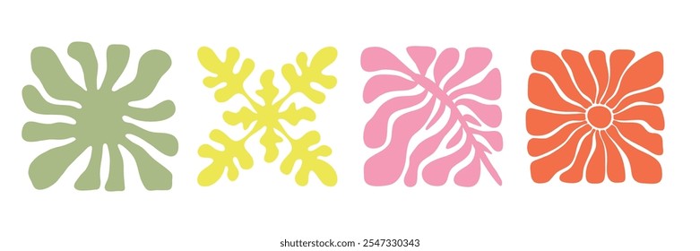 Groovy abstract flower art set. Organic doodle shapes in trendy naive retro hippie 60s 70s style. Contemporary poster and background. Floral botanic vector illustration