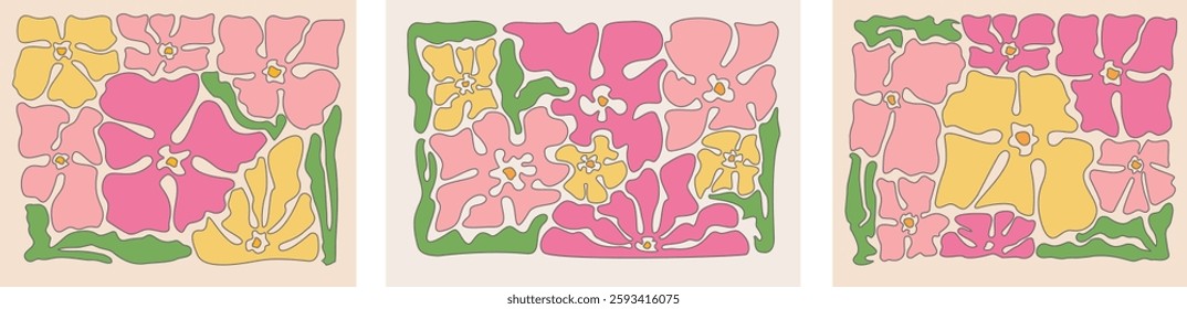 Groovy abstract flower art set. Organic doodle shapes in trendy naive retro hippie 60s 70s style. Contemporary poster and background. Floral botanic vector illustration in pink, yellow, green, colors.