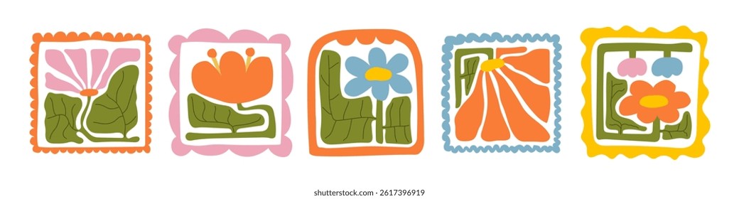 Groovy abstract flower art set. Organic doodle shapes in trendy naive retro hippie 60s 70s style. Contemporary poster and background. Floral botanic vector illustration in pink, yellow, orange colors.