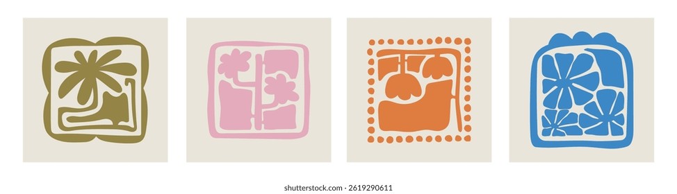 Groovy abstract flower art set. Organic doodle shapes in trendy naive retro hippie 60s 70s style. Contemporary poster and background. Floral botanic illustration in pink, blue, orange colors.