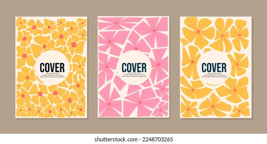 Groovy abstract flower cover set. Floral botanical vector illustration in yellow, pink, orange colors. Contemporary poster and background. Organic doodle shapes in trendy naive retro hippie 60s 70s