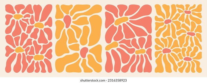 Groovy abstract flower poster set. Organic doodle shapes Matisse style, contemporary background. Floral botanic vector art