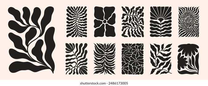 Groovy abstract flower posters. Floral doodle naive patterns. Contemporary matisse style. Trendy vector set.