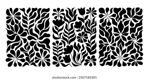 Afiches de flores abstractas. Patrones de doodle florales. Conjunto de Vector de moda.